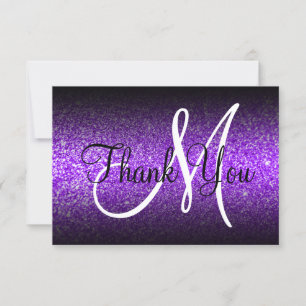 Black Ombre Violet Glitter Monogram Thank You Card