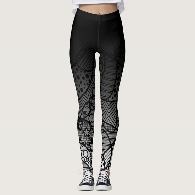 Black Ombre w/ Black & White Pattern Abstract 4 Leggings (Front)