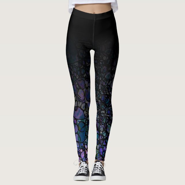 Black Ombre w/ Blue Black Purple Messy Circles Leggings (Front)