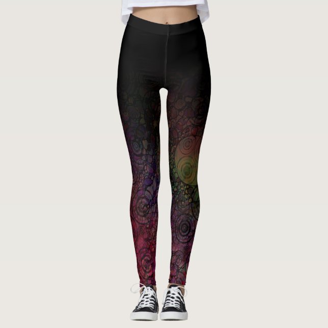 Black Ombre w/ Colourful Circle Grungy Abstract Ar Leggings (Front)