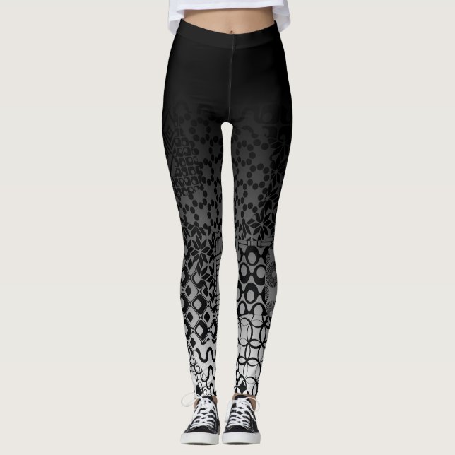 Black Ombre with Unique Black & White Patterns Leggings (Front)