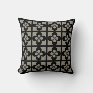 Black on Aluminum Silver Grey Geometric Floral Throw Pillow