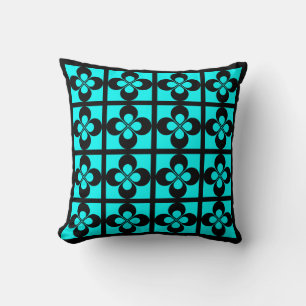 Black on Aqua Blue Geometric Floral Throw Pillow