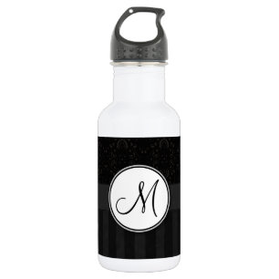 Black on Black Damask and Stripes with Monogram 532 Ml Water Bottle