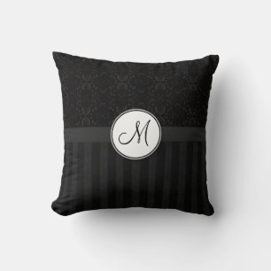 Black on Black Damask and Stripes with Monogram Throw Pillow