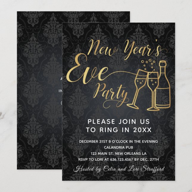 Black On Black Damask New Year's Eve Party Invitation (Front/Back)
