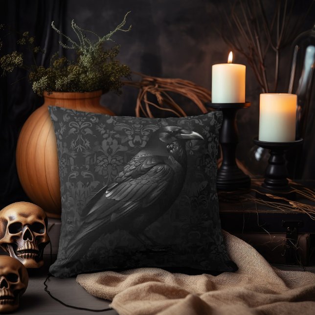Black on Black Damask Raven Design Throw Pillow (Creator Uploaded)