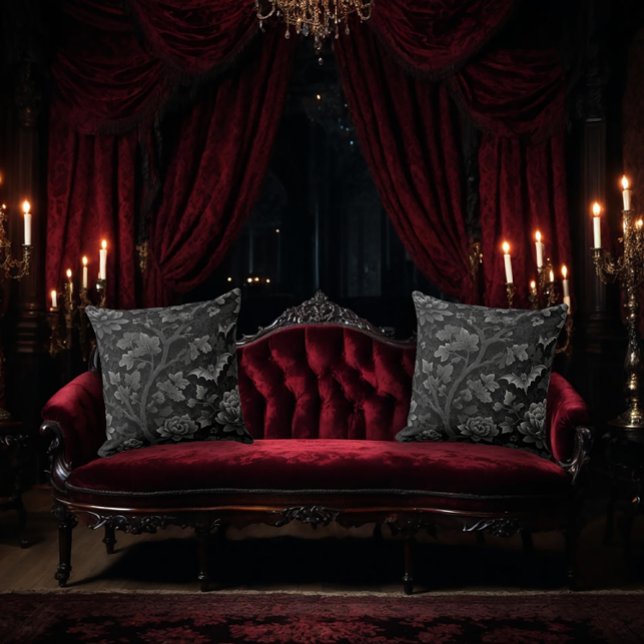 Black on Black Floral Design with Bats Throw Pillow (Creator Uploaded)