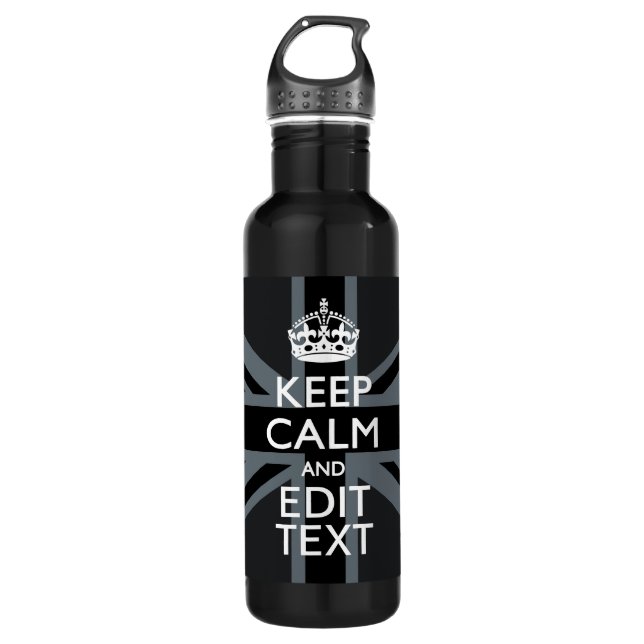 Black on Black  Keep Calm and Your Text Union Jack 710 Ml Water Bottle (Front)