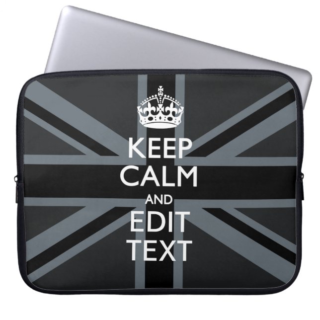Black on Black  Keep Calm Personalized Union Jack Laptop Sleeve (Front)