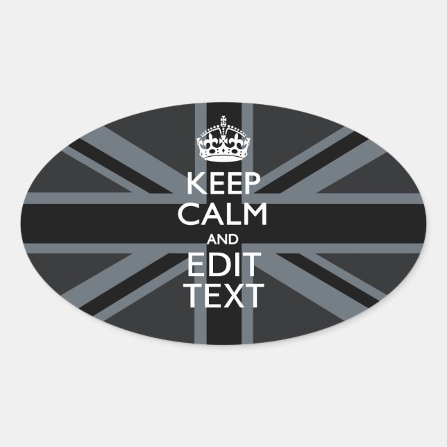 Black on Black  Keep Calm Personalized Union Jack Oval Sticker (Front)