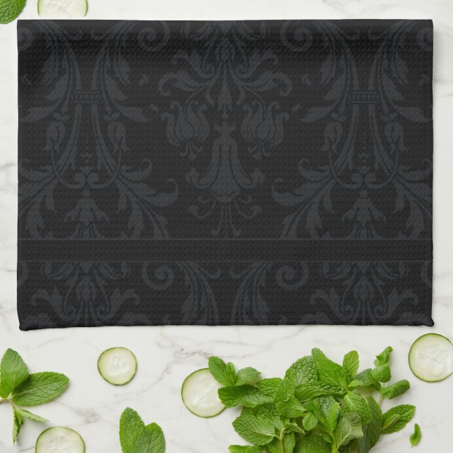 Black On Black Monogram Chic Floral Damask Swirls Kitchen Towel (Folded)