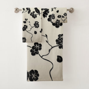 Black on Bronze Pattern Birds and Cherry Blossoms Bath Towel Set