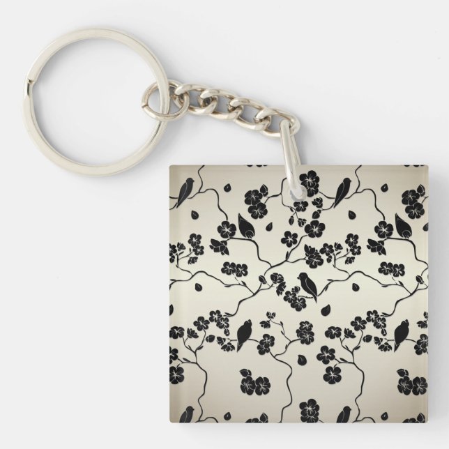 Black on Bronze Pattern Birds and Cherry Blossoms Keychain (Front)