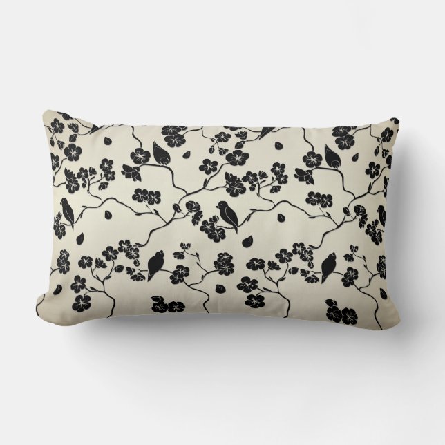 Black on Bronze Pattern Birds and Cherry Blossoms Lumbar Pillow (Front)