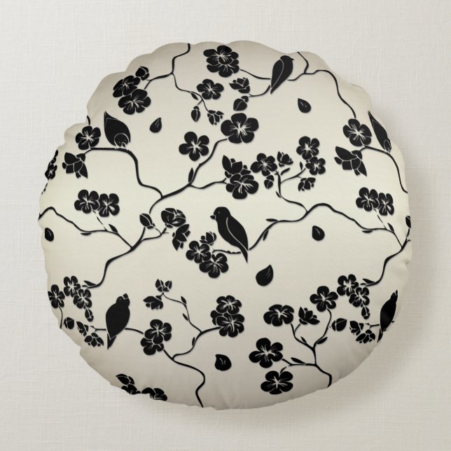Black on Bronze Pattern Birds and Cherry Blossoms Round Pillow (Front)