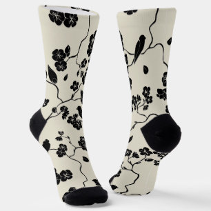 Black on Bronze Pattern Birds and Cherry Blossoms Socks