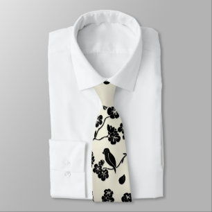 Black on Bronze Pattern Birds and Cherry Blossoms Tie