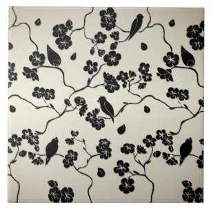 Black on Bronze Pattern Birds and Cherry Blossoms Tile