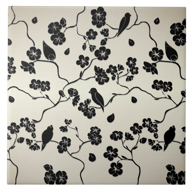 Black on Bronze Pattern Birds and Cherry Blossoms Tile (Front)