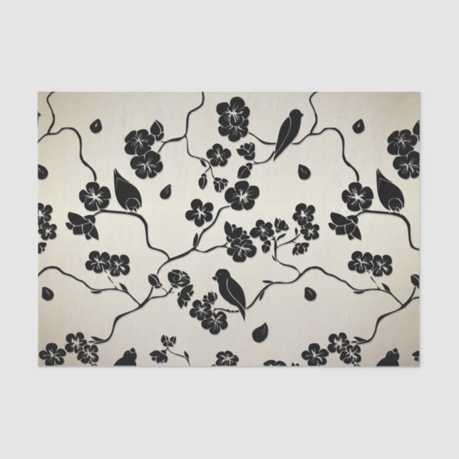 Black on Bronze Pattern Birds and Cherry Blossoms Tissue Paper (Front)