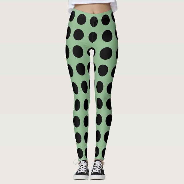Black on Dark Sea Green Large Horiz. Polka Dots Leggings (Front)