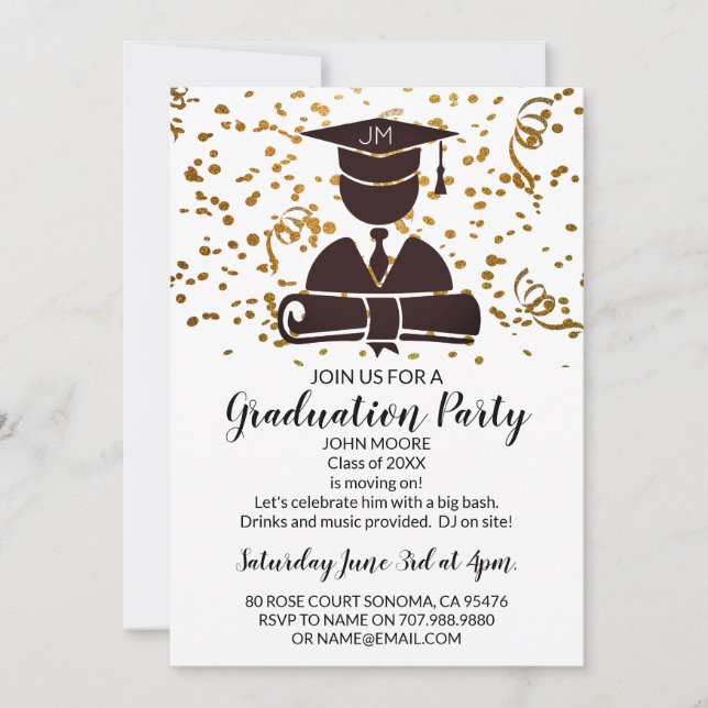 Black On Gold Grad With Confetti Graduation Party Invitation (Front)