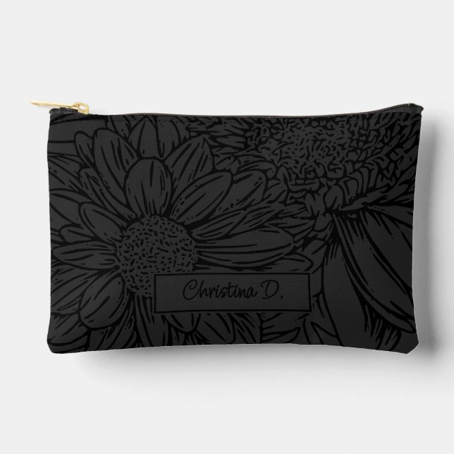 Black on Grey Chrysanthemums with Name Accessory Pouch (Front)
