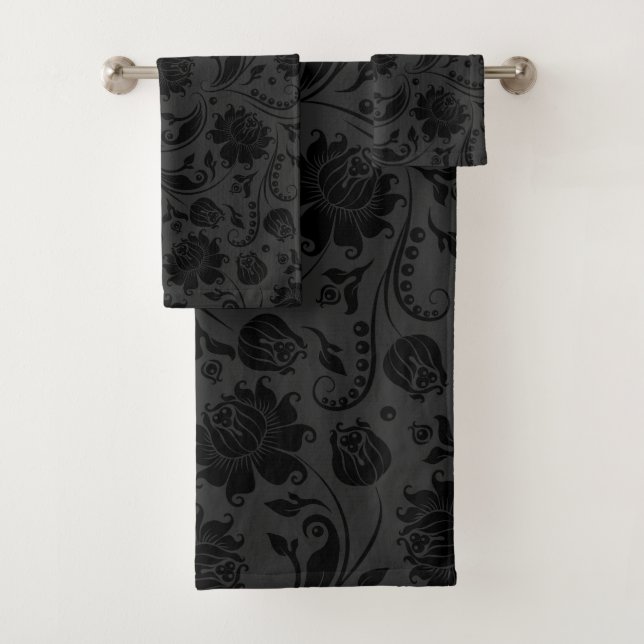Black on grey damasks pattern bath towel set (Insitu)