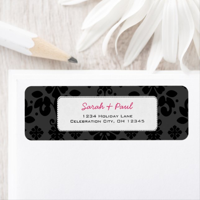 Black on Grey Floral Damask Return Address Label (Insitu)