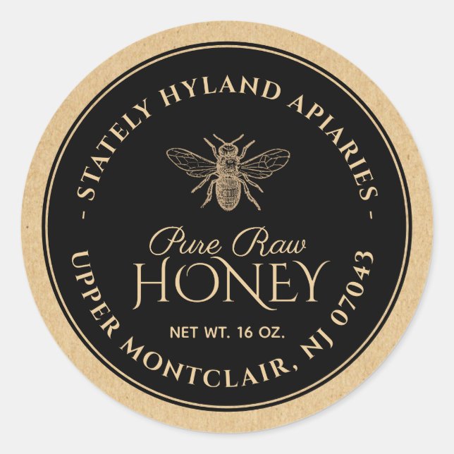 Black on Kraft Honey Label (Vintage Bee) (Front)