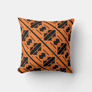 Black on Orange Diagonal Repeating Small Shapes Throw Pillow