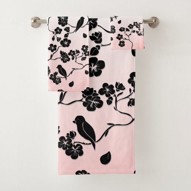 Black on Pink Pattern Birds and Cherry Blossoms  Bath Towel Set (Insitu)