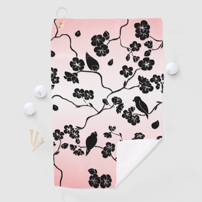 Black on Pink Pattern Birds and Cherry Blossoms  Golf Towel (InSitu)