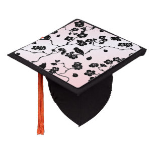 Black on Pink Pattern Birds and Cherry Blossoms Graduation Cap Topper