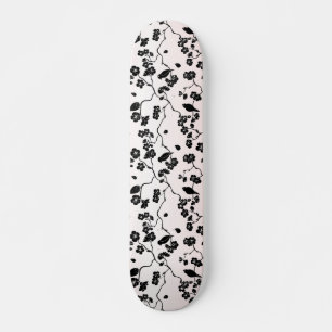 Black on Pink Pattern Birds and Cherry Blossoms  Skateboard