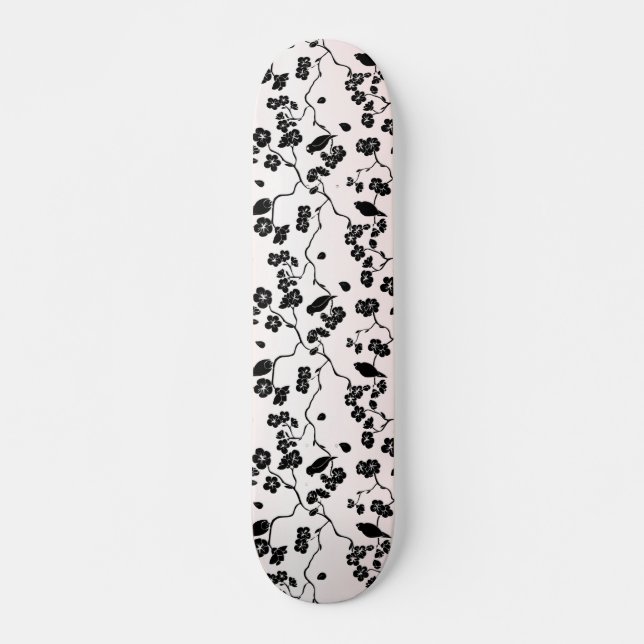 Black on Pink Pattern Birds and Cherry Blossoms  Skateboard (Front)