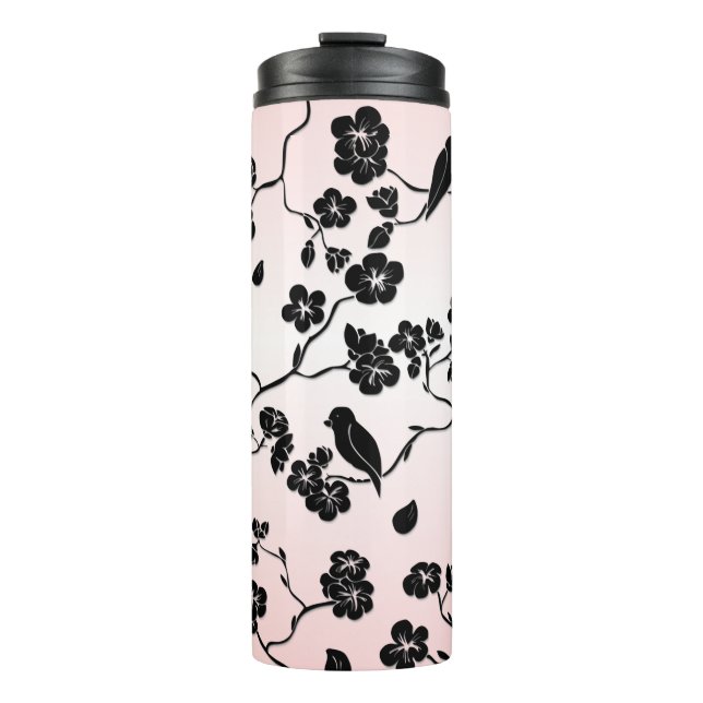 Black on Pink Pattern Birds and Cherry Blossoms  Thermal Tumbler (Front)