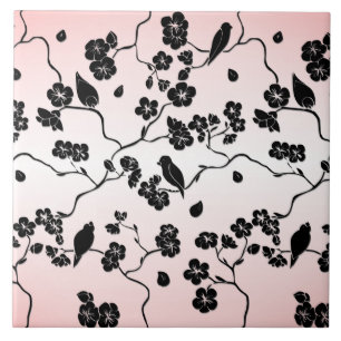 Black on Pink Pattern Birds and Cherry Blossoms  Tile