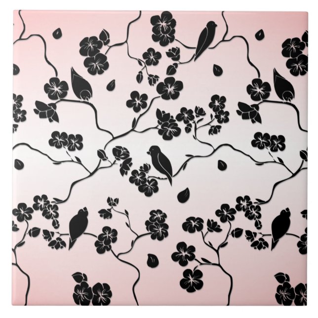 Black on Pink Pattern Birds and Cherry Blossoms  Tile (Front)