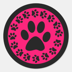 Black on Pink Paw Prints Classic Round Sticker