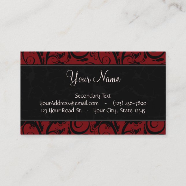 Black on Red Floral Wisps & Stripes with Monogram Business Card (Front)
