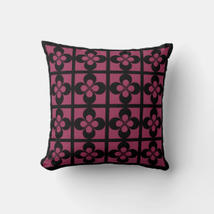 Black on Sangria Pink Geometric Floral Throw Pillow