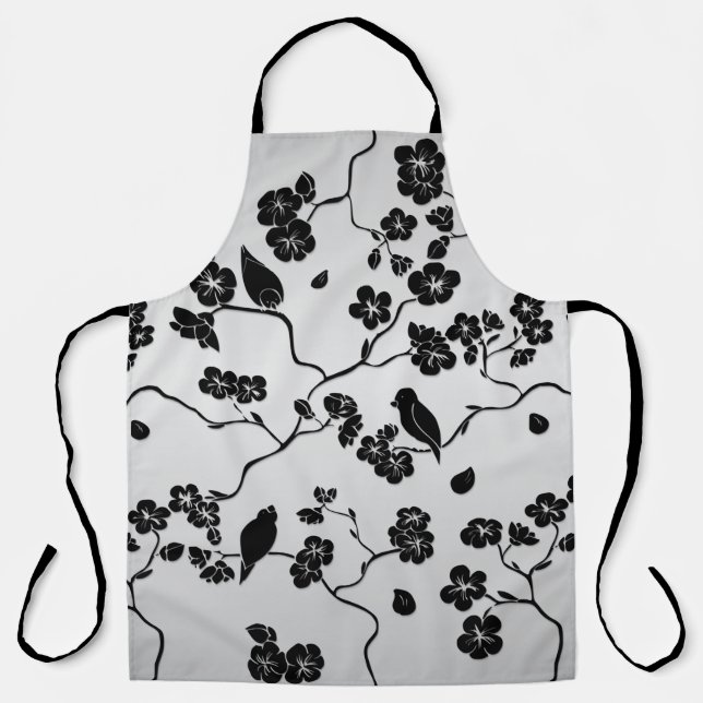 Black on Silver Pattern Birds and Cherry Blossoms Apron (Front)