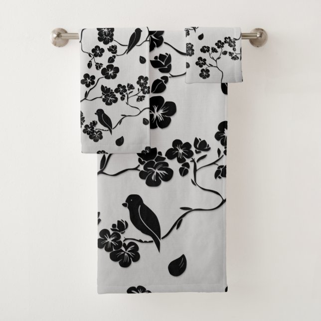 Black on Silver Pattern Birds and Cherry Blossoms Bath Towel Set (Insitu)