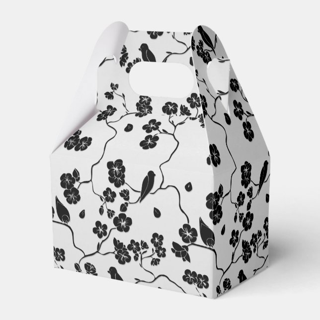 Black on Silver Pattern Birds and Cherry Blossoms Favor Box (Front Side)