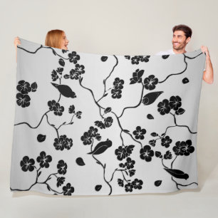 Black on Silver Pattern Birds and Cherry Blossoms Fleece Blanket