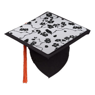 Black on Silver Pattern Birds and Cherry Blossoms Graduation Cap Topper