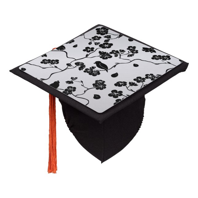 Black on Silver Pattern Birds and Cherry Blossoms Graduation Cap Topper (Angled)