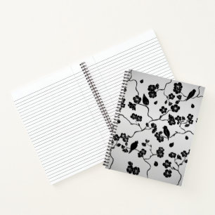 Black on Silver Pattern Birds and Cherry Blossoms Notebook